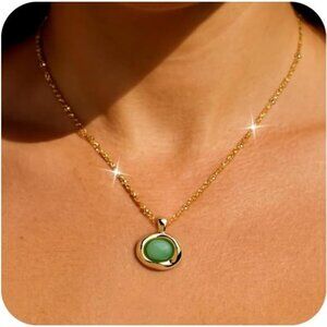 Vintage Green Gemstone Pendant Necklace | 14K Gold Plated Oval Charm